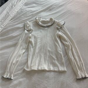 Sandro White Ruffled Blouse with Black Trim